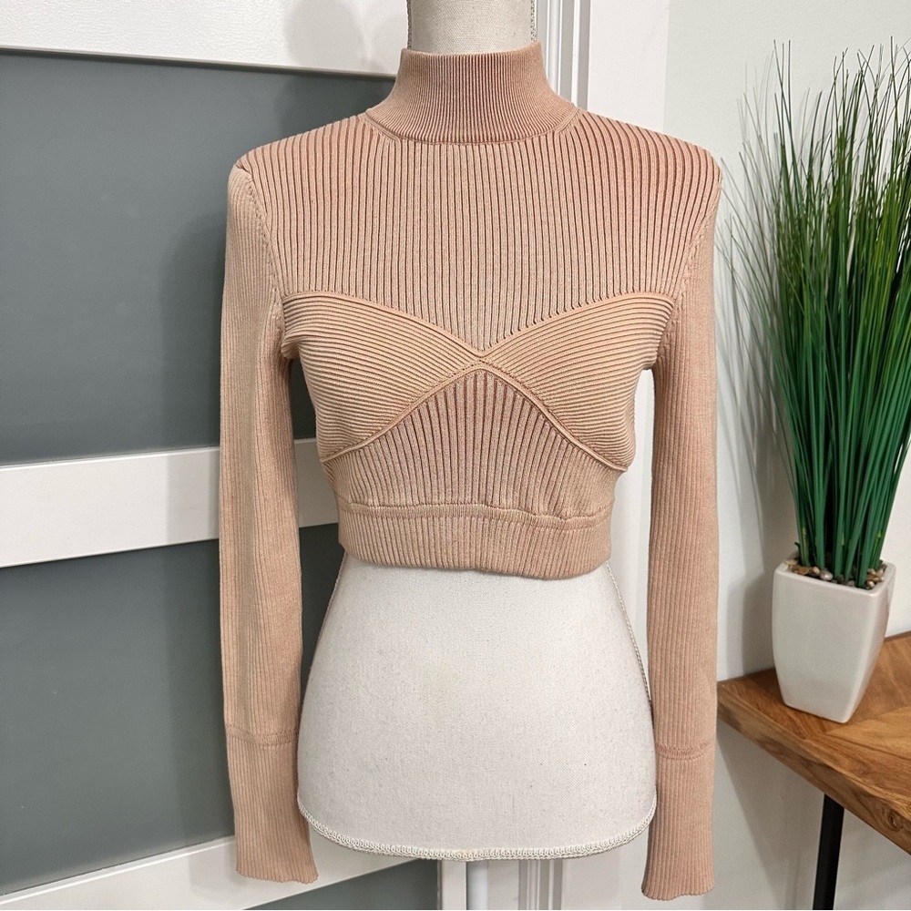 NBD Midori Ribbed Mock Neck Crop Top SZ Medium Nude Chic EUC